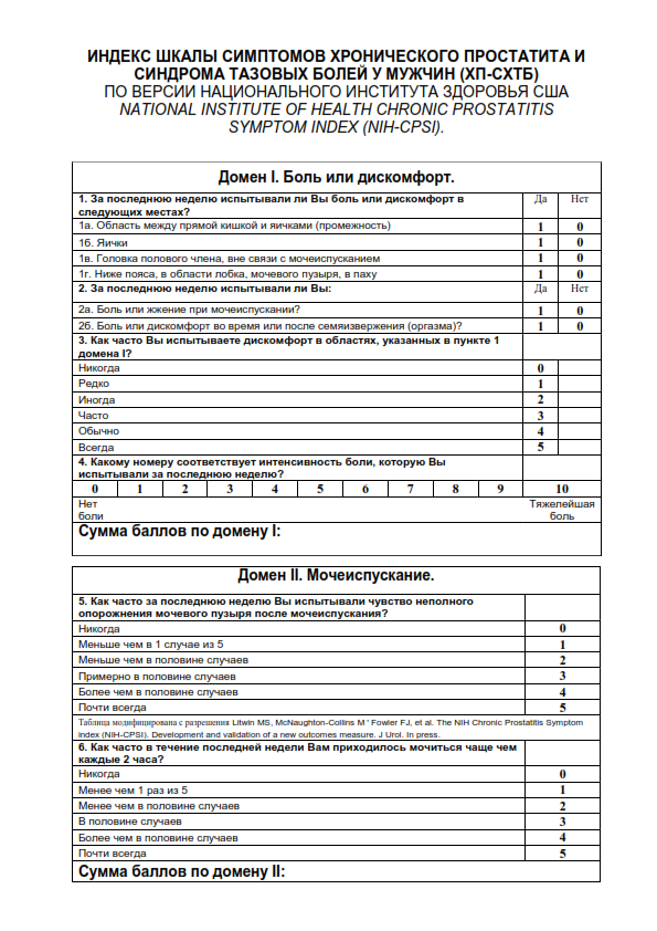опросник по предстательной железе